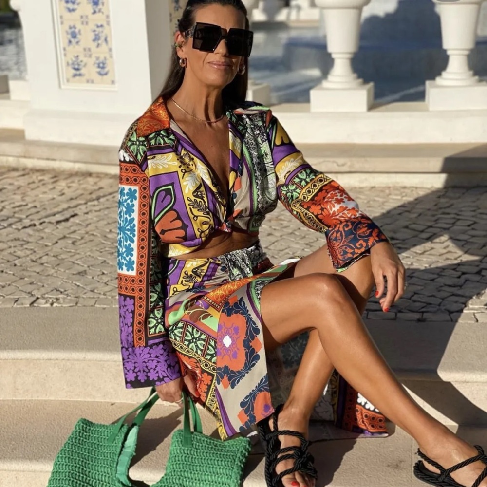 Zara 2 Piece Multicolored Floral Printed Crop Top & Skirt Co Ord Set - Picture 11 of 16